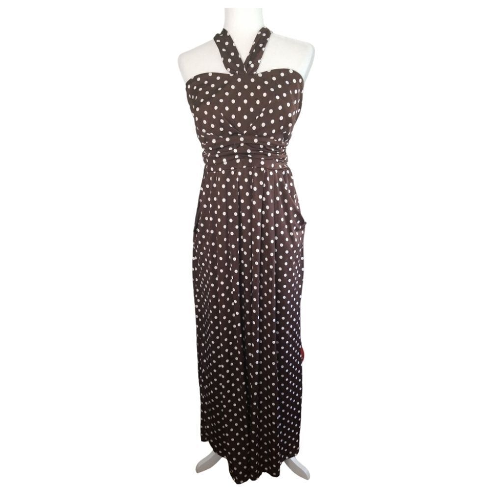 Paper Doll Halter Maxi Dresd Brown White Polka Dots Size 2X - Picture 9 of 9